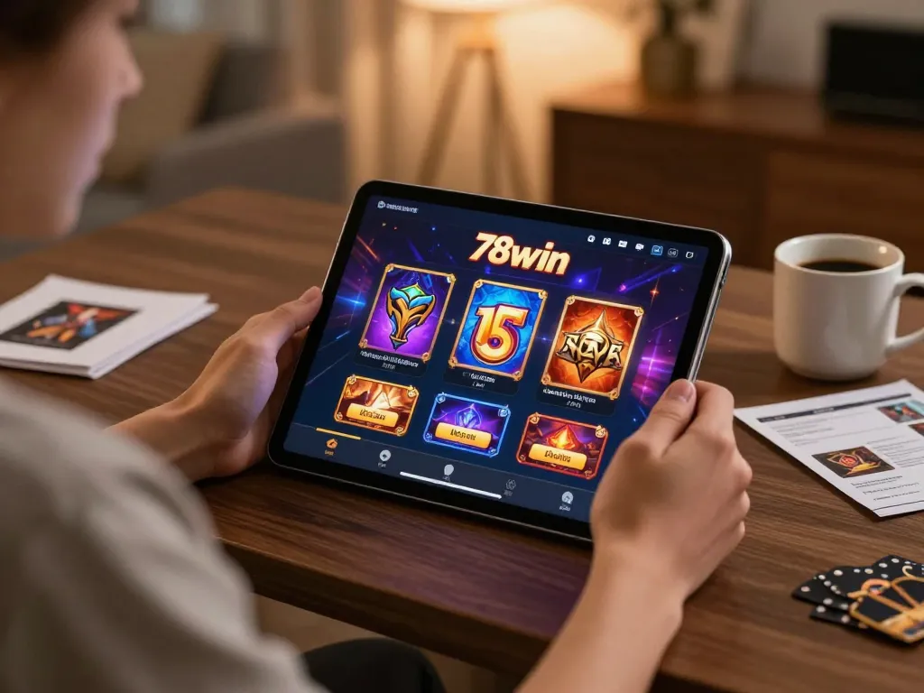 Engaging in strategic online gaming at 78win with vibrant graphics on tablet in cozy home setting.