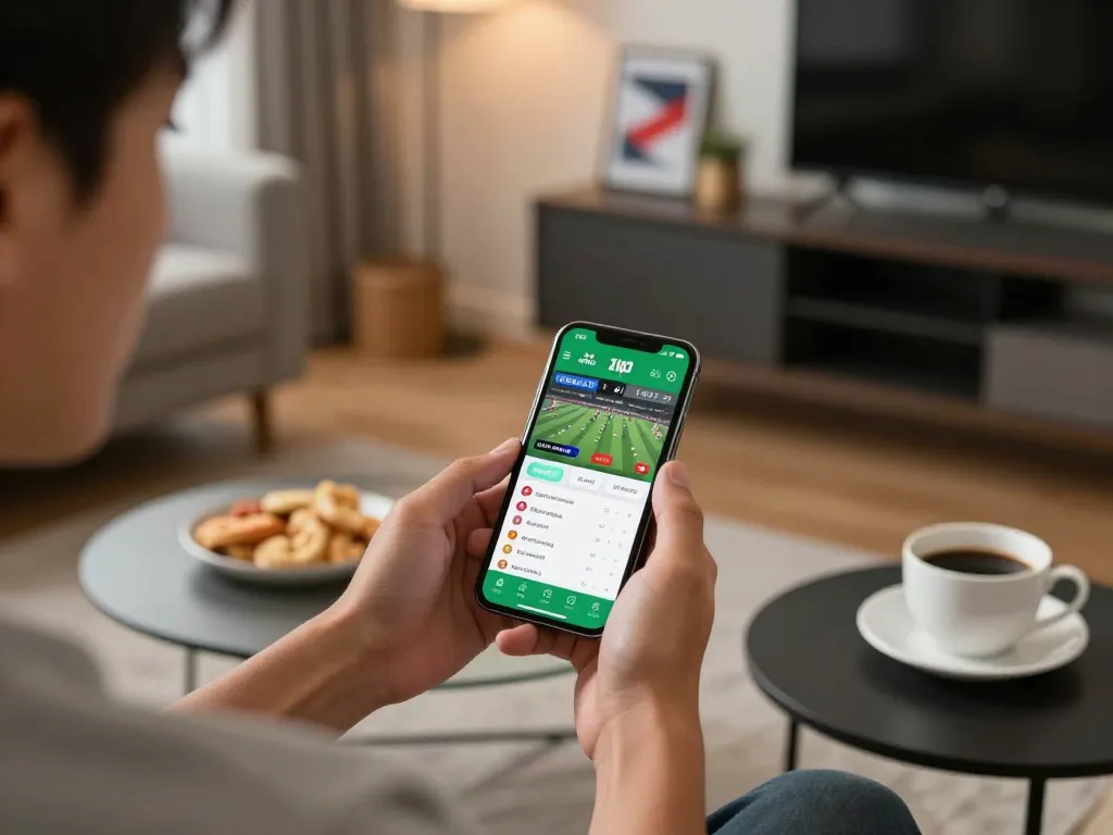 Soi kèo app displayed on smartphone during an exciting sports betting moment in a cozy home setting.