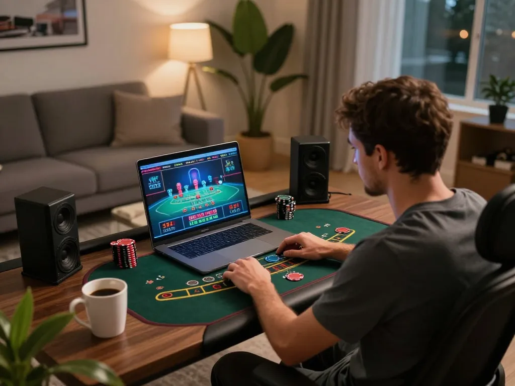 Player engaging in online blackjack game at home, showcasing 789club's virtual casino environment