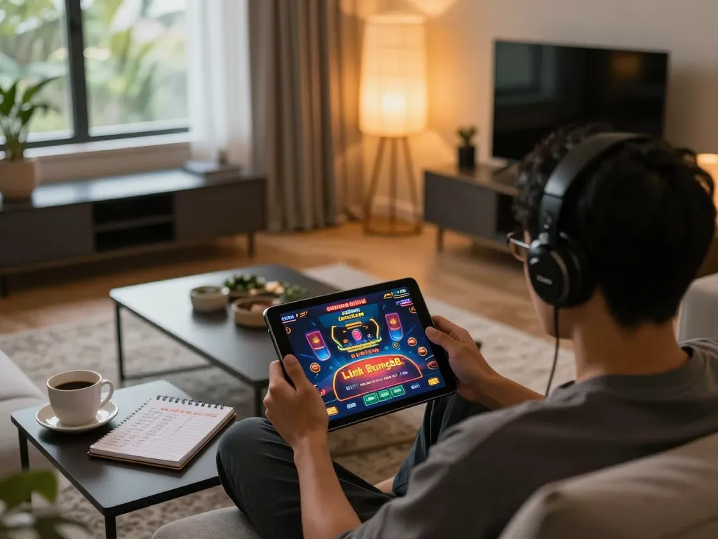 Engaging in online gambling with Link Bong88 displayed on a tablet in a cozy home setup