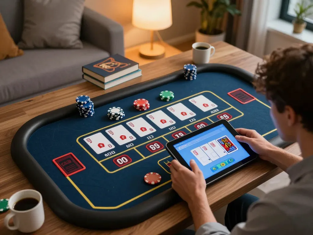 Player engaging with MMOO online casino on tablet in modern living room with strategy materials.
