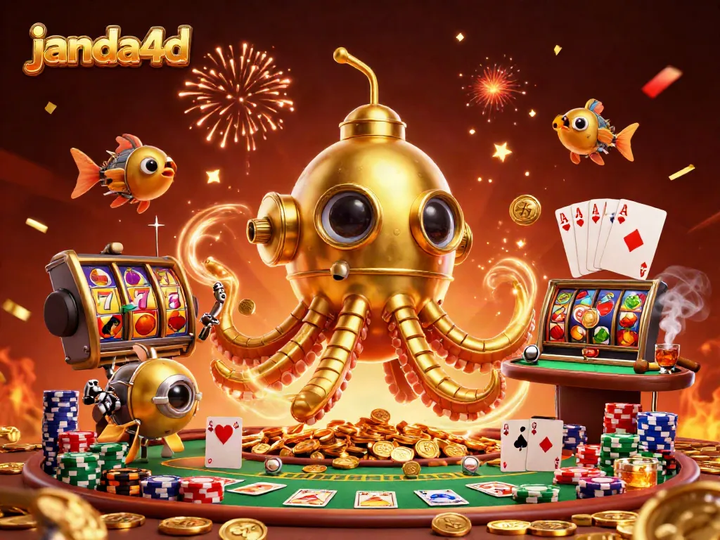 Permainan slot di janda4d dengan karakter kartun 3D dan lautan koin emas yang terbentang