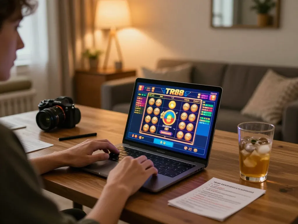 Player engaged in TR88 online slots gaming on a laptop in a cozy home setting