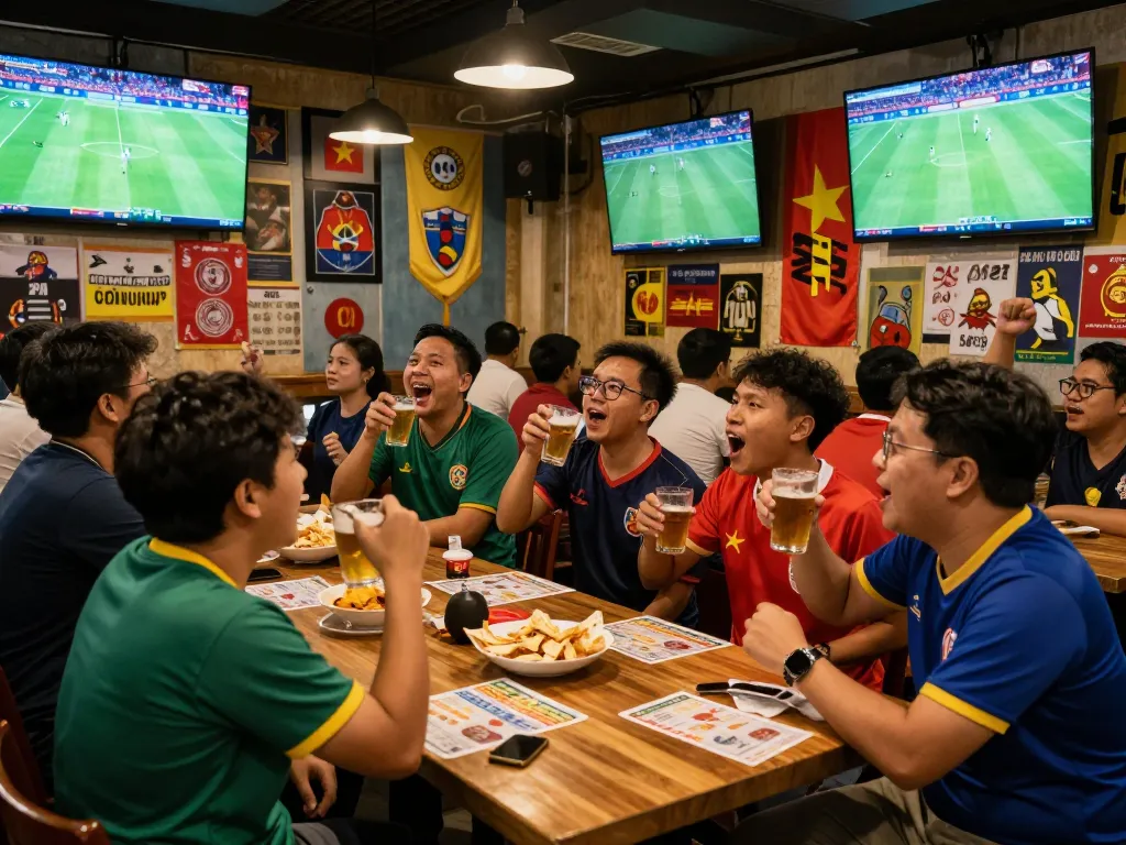 Cá độ bóng đá scene in a lively sports bar with fans celebrating a goal, showcasing the excitement of sports betting.