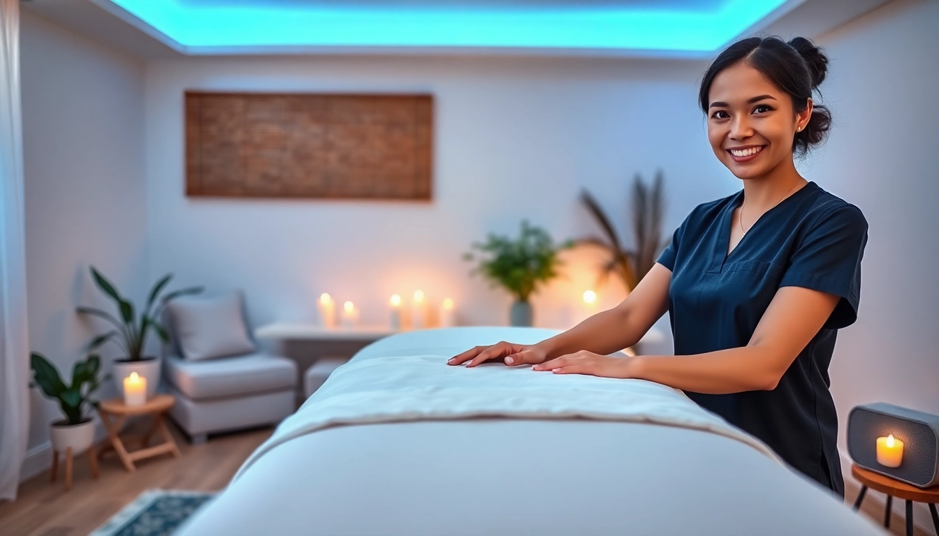 Relaxing scene of 수원출장마사지 with a professional therapist preparing an inviting home massage space.