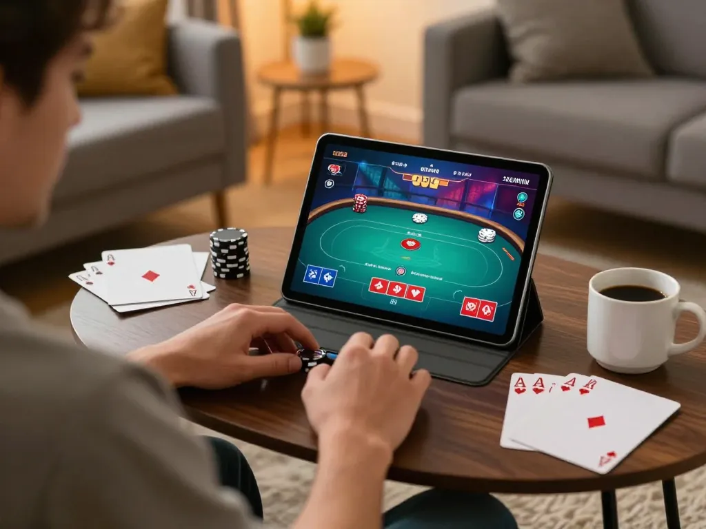 Pemain Dewi999 terlibat dalam permainan poker online, menampilkan kebiasaan bermain yang bertanggung jawab dan pengaturan rumah yang nyaman
