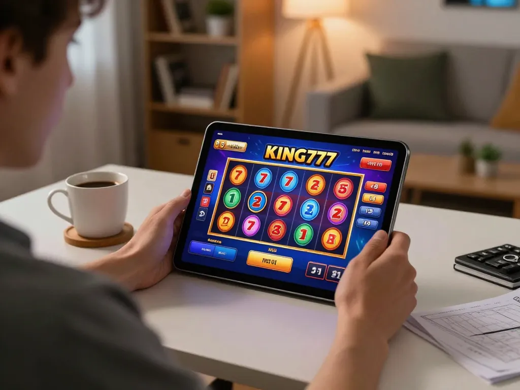 Berinteraksi dengan aplikasi kasino online KING777 di tablet dalam suasana rumah yang nyaman, menampilkan permainan yang dinamis.