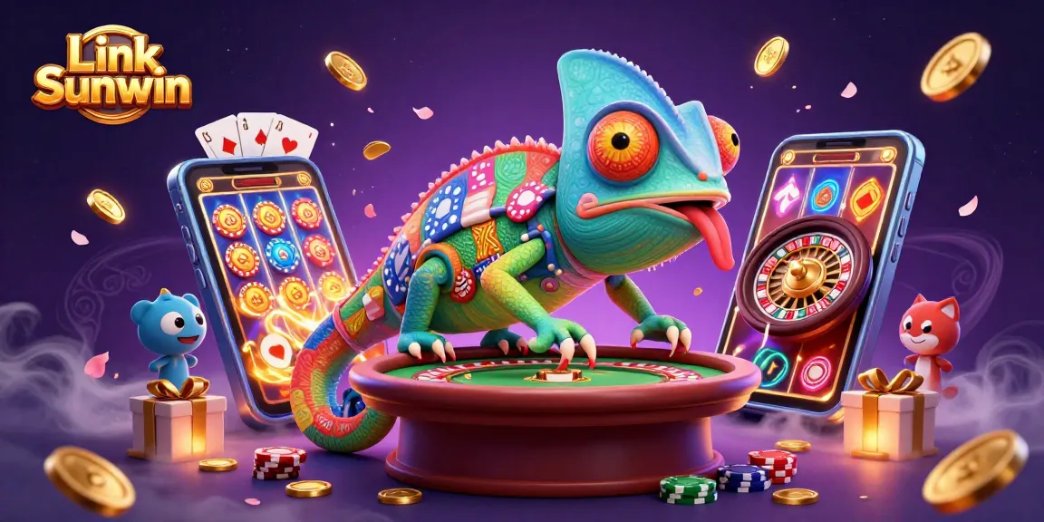 Link Sunwin showcases a vibrant casino scene with a colorful chameleon owner and dynamic gaming elements.