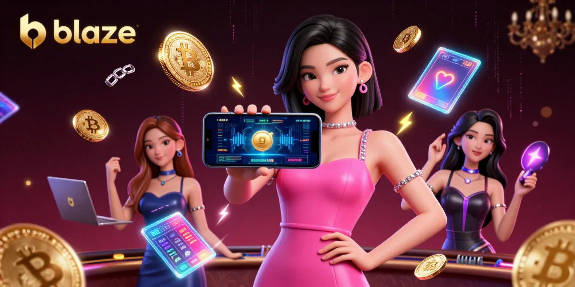 Engage with blaze at a live dealer casino as a stunning Asian woman shows her smartphone's game interface amidst crypto elements.