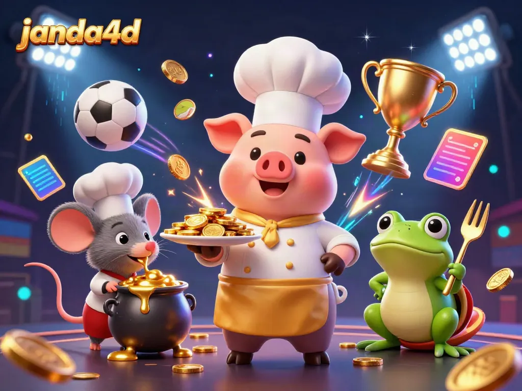 JANDA4D dinikmati saat memasak emas dan koin oleh chef kartun, dengan elemen olahraga sekitar.