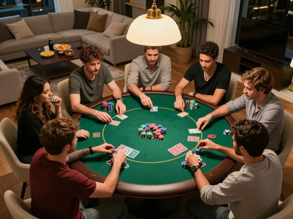 Friends enjoying an exciting poker game at home as they engage with nhà cái 888NEW online.