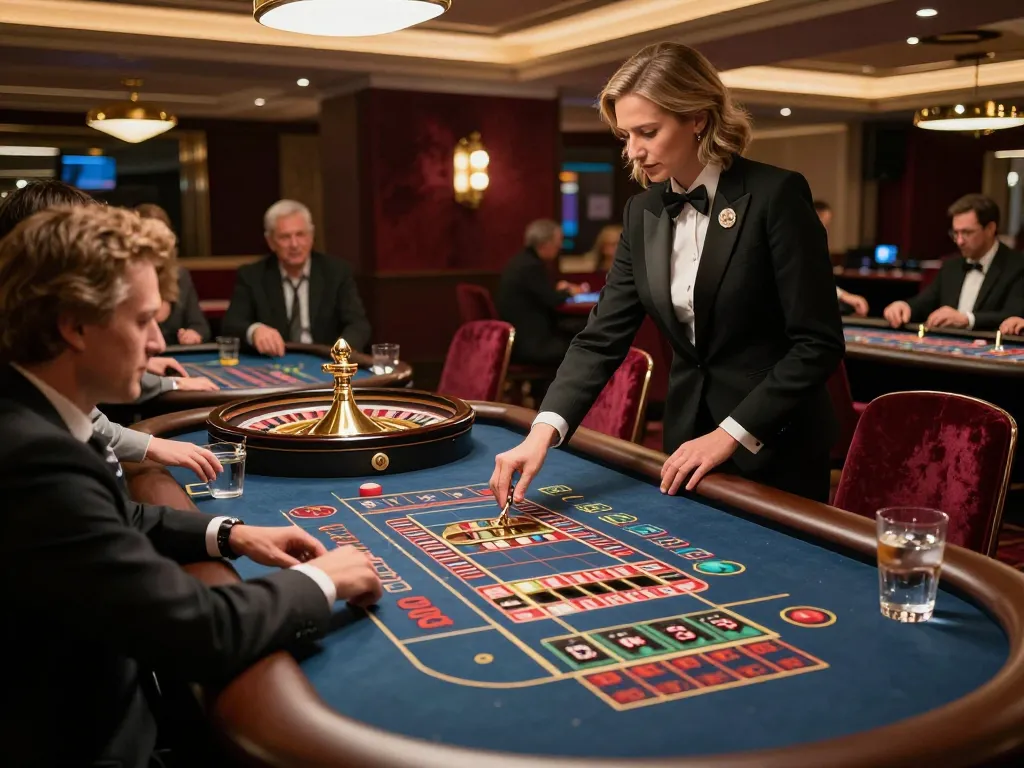 Engaging roulette game scene showcasing 주소모음 with players betting and croupier spinning the wheel in luxury casino.