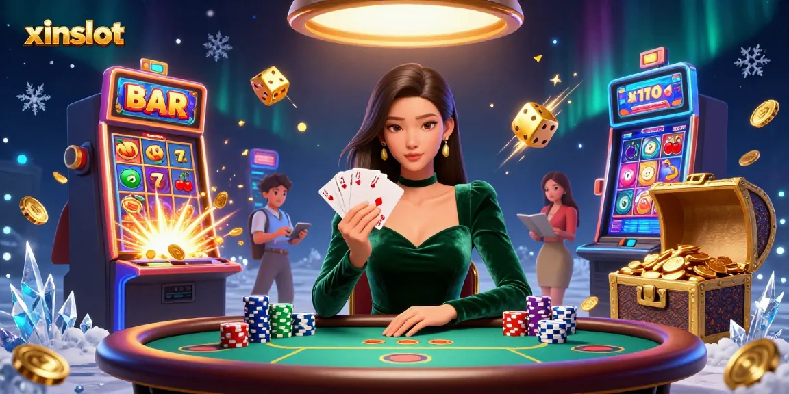 XINSLOT showcases an elegant Asian woman strategizing at a high-stakes poker table amidst a vibrant casino atmosphere.