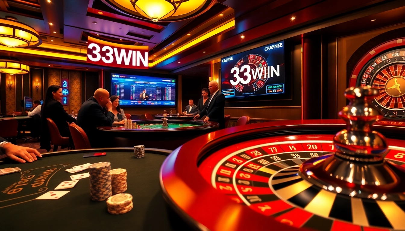 Bet on success at 33WIN with elegant casino games featuring poker chips, roulette wheels, and players.