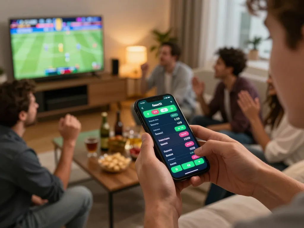 Excited friends engaging in online sports betting using fabet11 app during a live game.