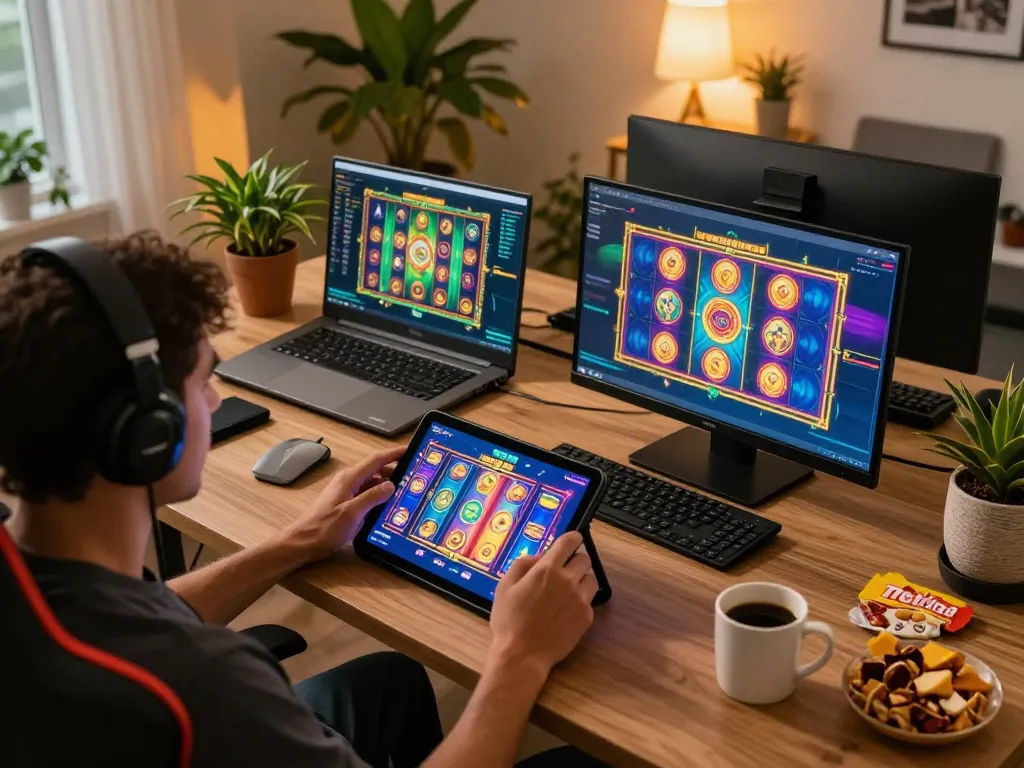 Player enjoying a colorful B52 slot game on multiple devices at home