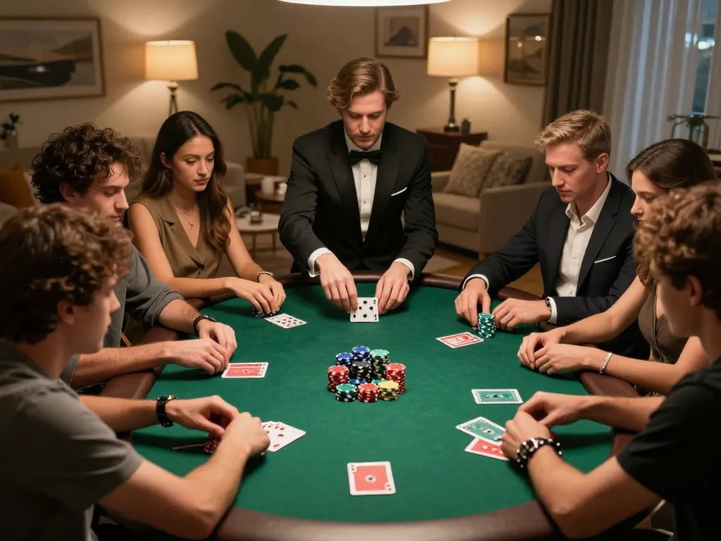 Players enjoying a lively poker game at home with TG7777 branded chips and cards on the table.