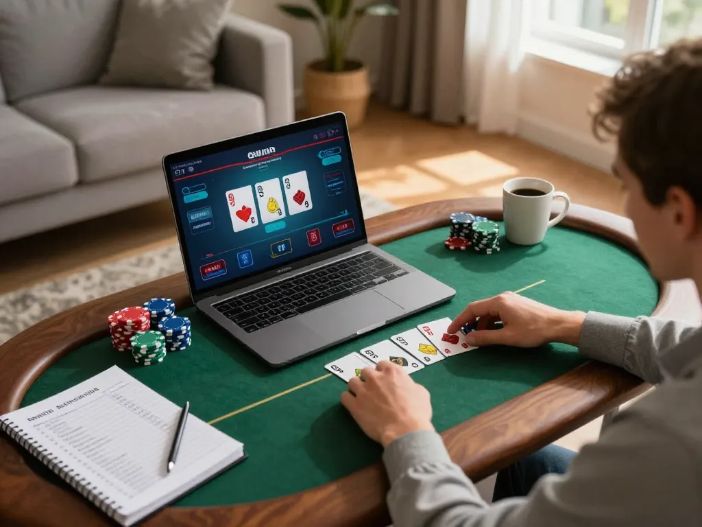Person enjoying online gaming experience at home, featuring nhà cái uy tín Qh88 poker interface on laptop, creating an inviting atmosphere.