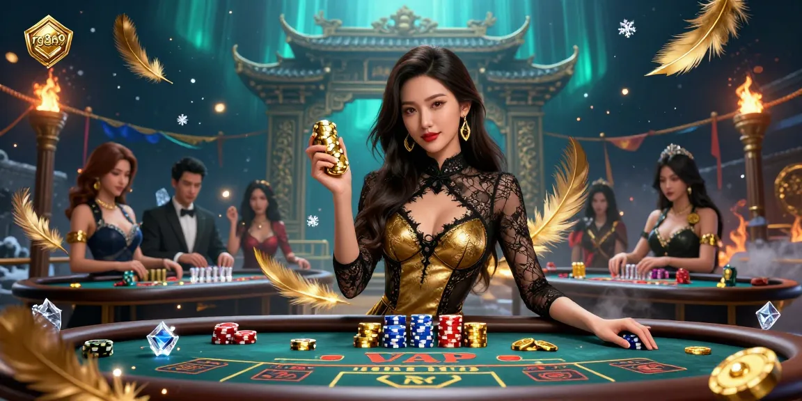 Experience high-stakes baccarat at rg8369 with glamorous Asian dealer, golden chips, and immersive atmosphere.