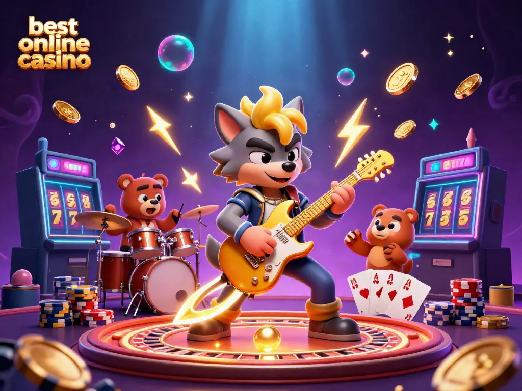 Experience the thrill at the best online casino where a rock star wolf and drummer bear celebrate big wins.