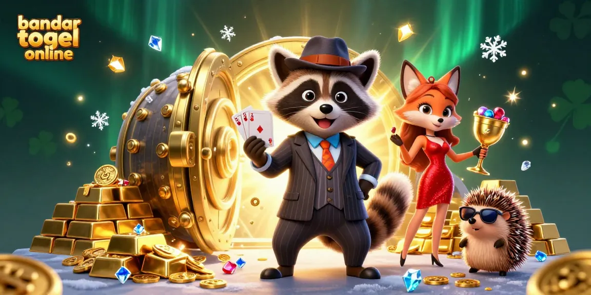 Experience winning with bandar togel online as raccoon plays royal flush surrounded by glittering treasures.