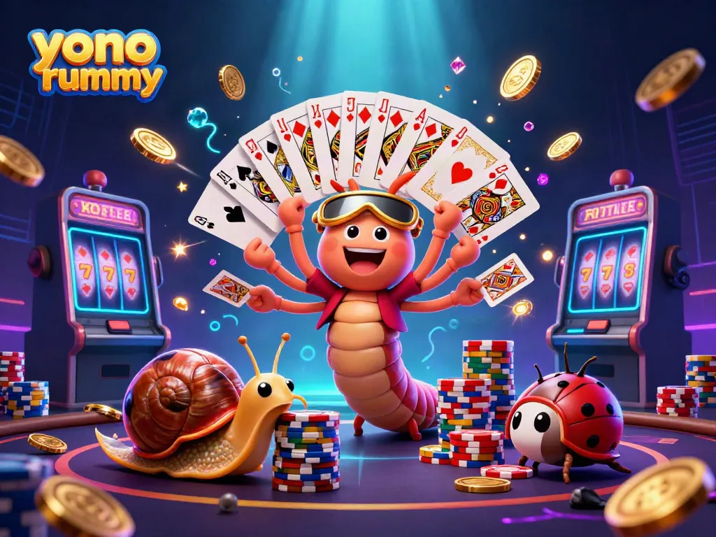 Yono Rummy: Dealer ceria melayani dengan kartu dalam permainan yang meriah dan penuh warna