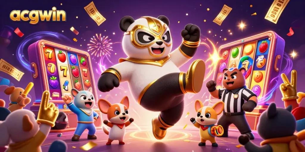 Gim slot acgwin dengan panda pegulat melakukan tendangan sambil dihitung wasit chihuahua, dikelilingi elemen lotere.