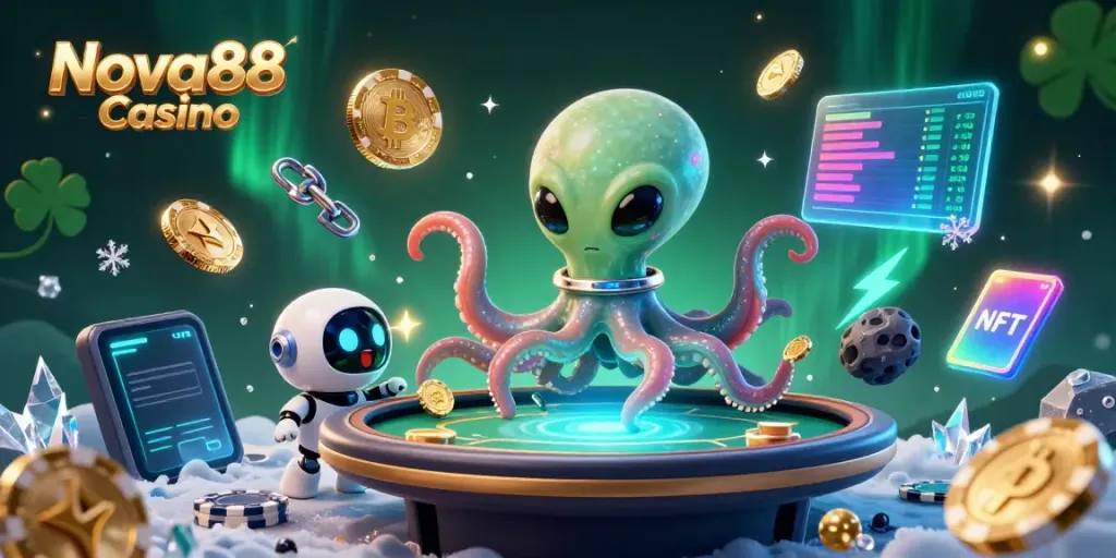 Join the fun at Nova88 Casino with a vibrant scene of an alien octopus playing poker amidst crypto coins.