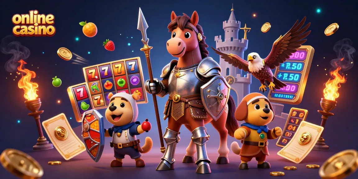 Engage in an online casino with vibrant knights and immersive game elements in this dynamic illustration.