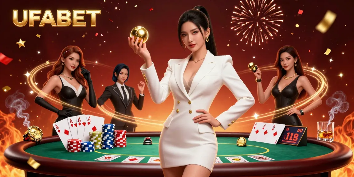 Engaging UFABET experience with stunning Asian woman holding a golden roulette ball amidst a vibrant casino scene.