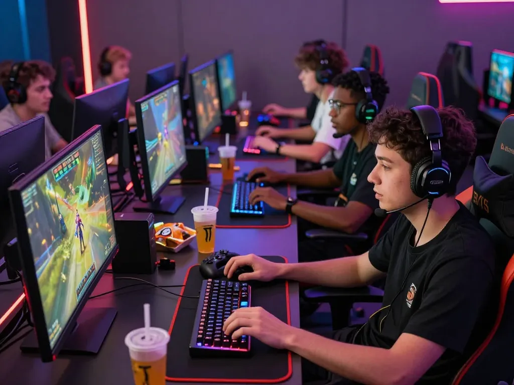Competitive gamers engaged in multiplayer action, showcasing fabetz88.com gaming community vibe.