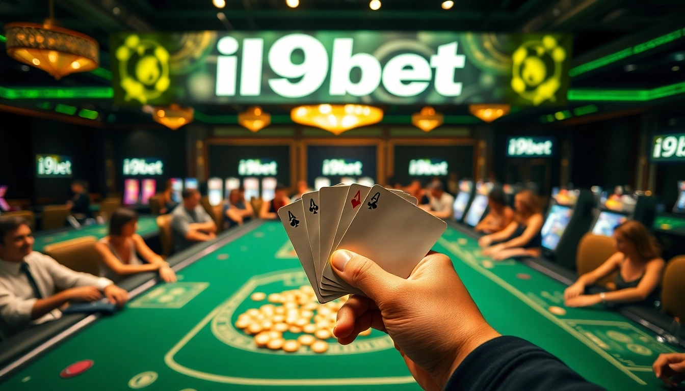 Experience i9bet excitement with players at a luxury casino poker table.