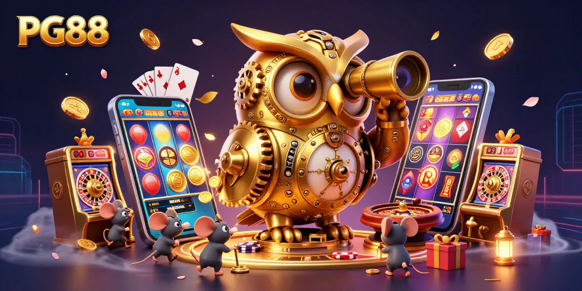 Experience the thrill at PG88 with a captivating casino scene featuring a golden owl and vibrant game elements.