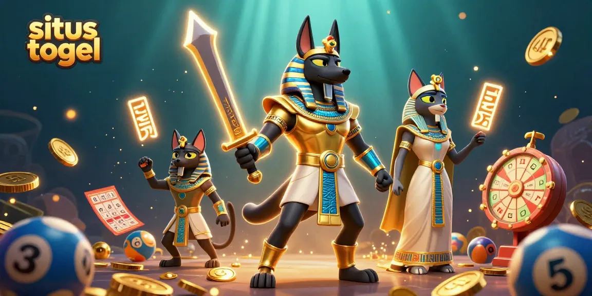 Engage in situs togel with vibrant lottery elements, Anubis, and Bastet in dynamic action.