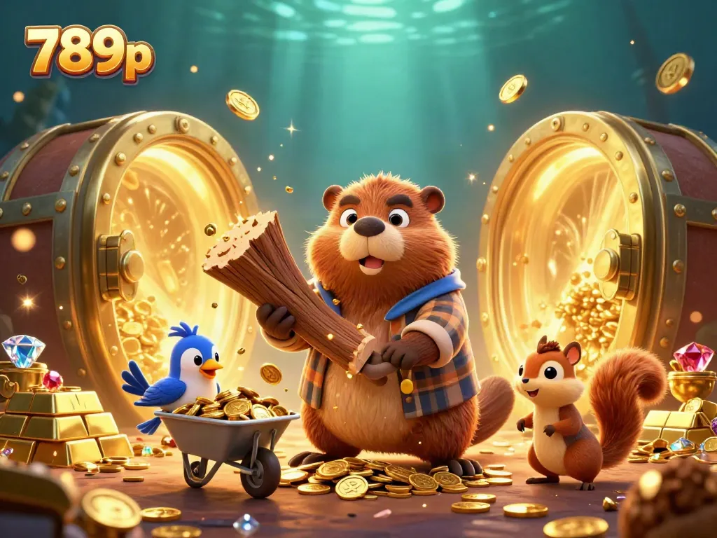 Experience exciting wins with 789p as a beaver gathers gold coins in this vibrant casino scene.
