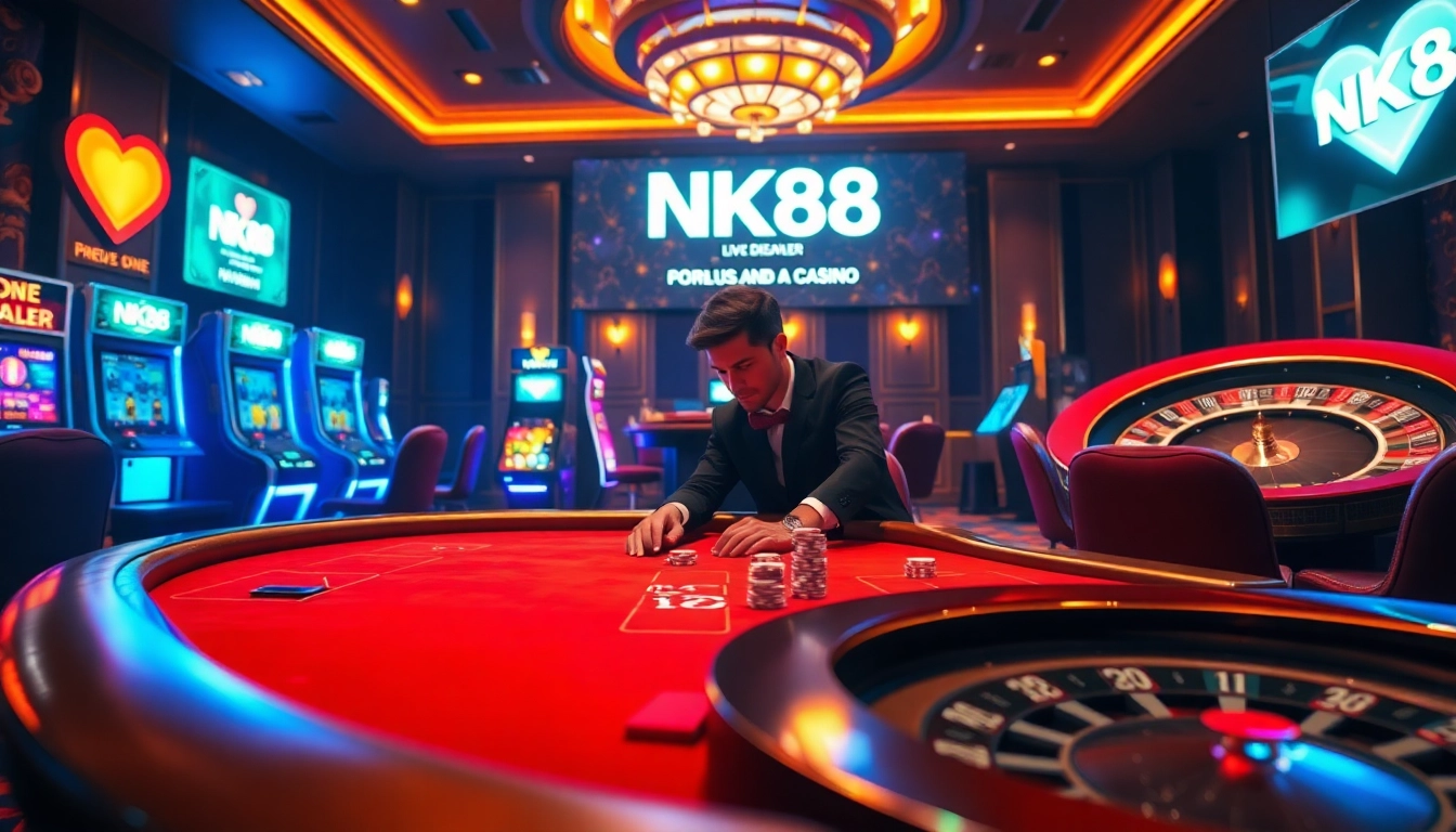Engage in strategic NK88 love betting with premium poker chips and vibrant digital slot machines