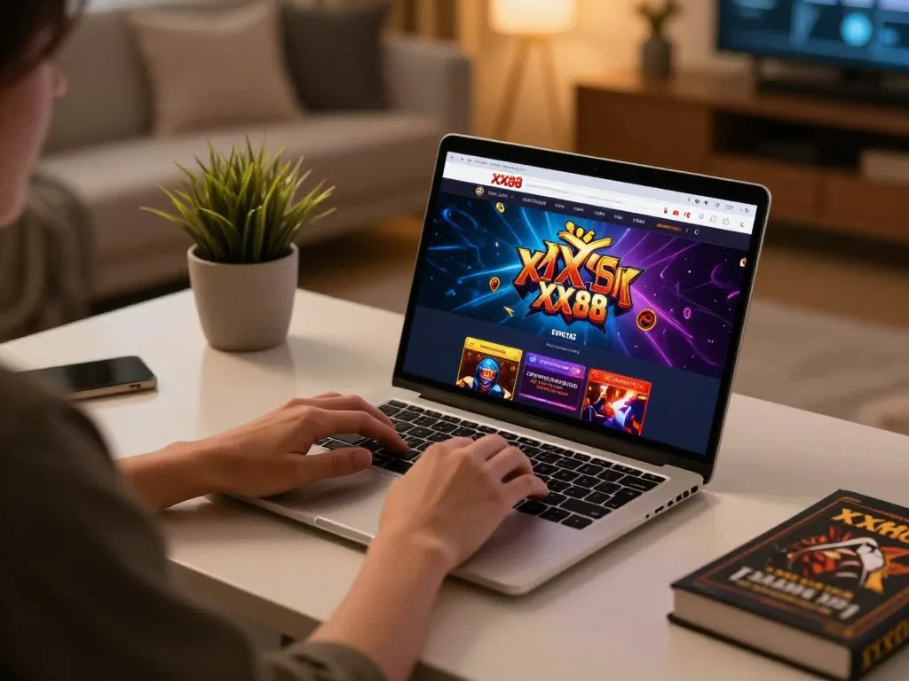 Player engaging on the XX88 online casino platform with a stylish home setup.
