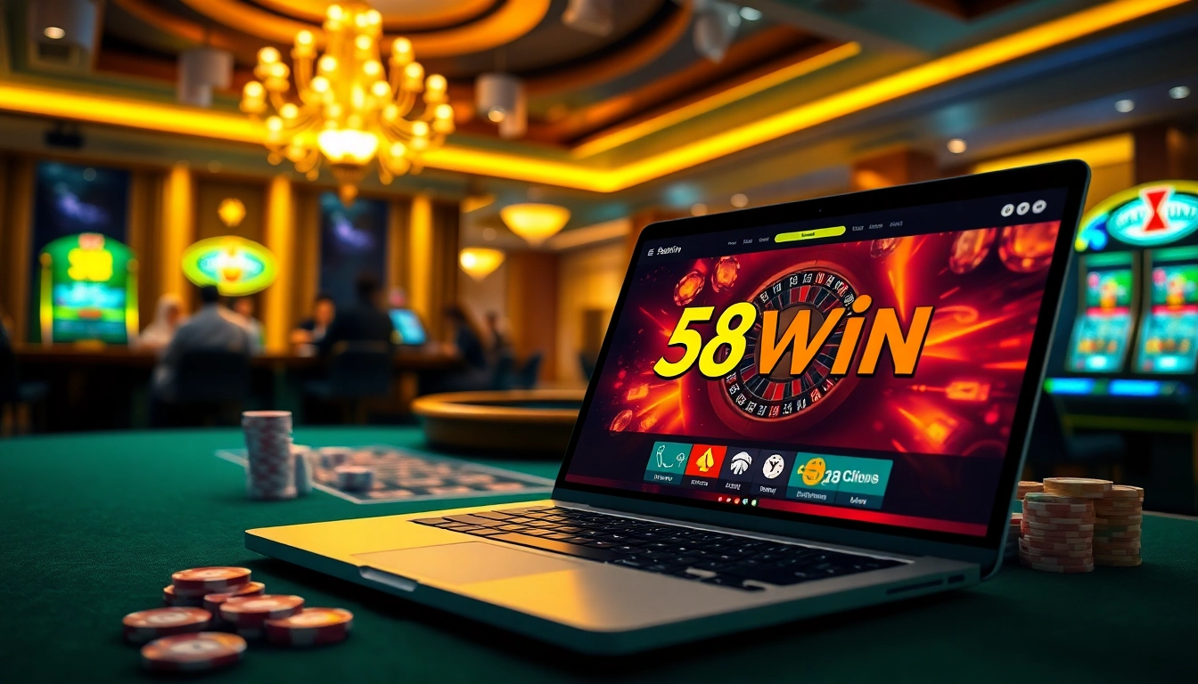 Engage in thrilling 58win com đăng nhập at an upscale casino with vibrant gaming elements.