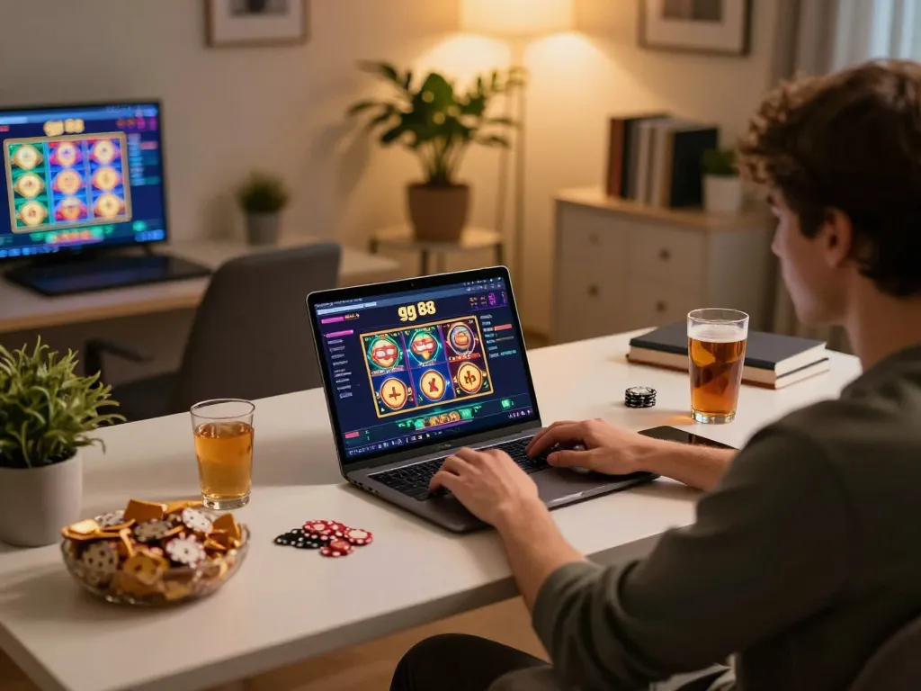 Person engaging with gg 88 online casino system on laptop, featuring colorful slot games in a cozy home setting