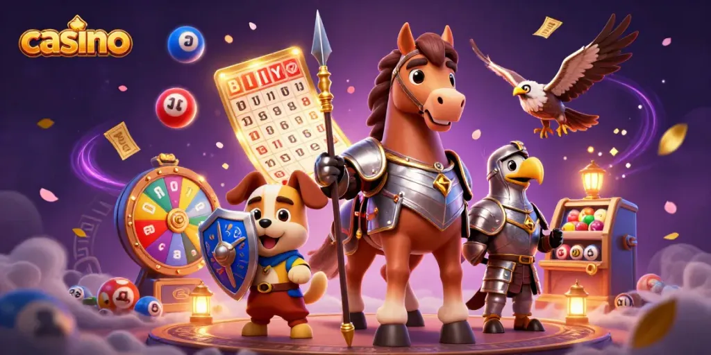 Experience a vibrant casino scene with knights and lottery elements for thrilling gaming fun.