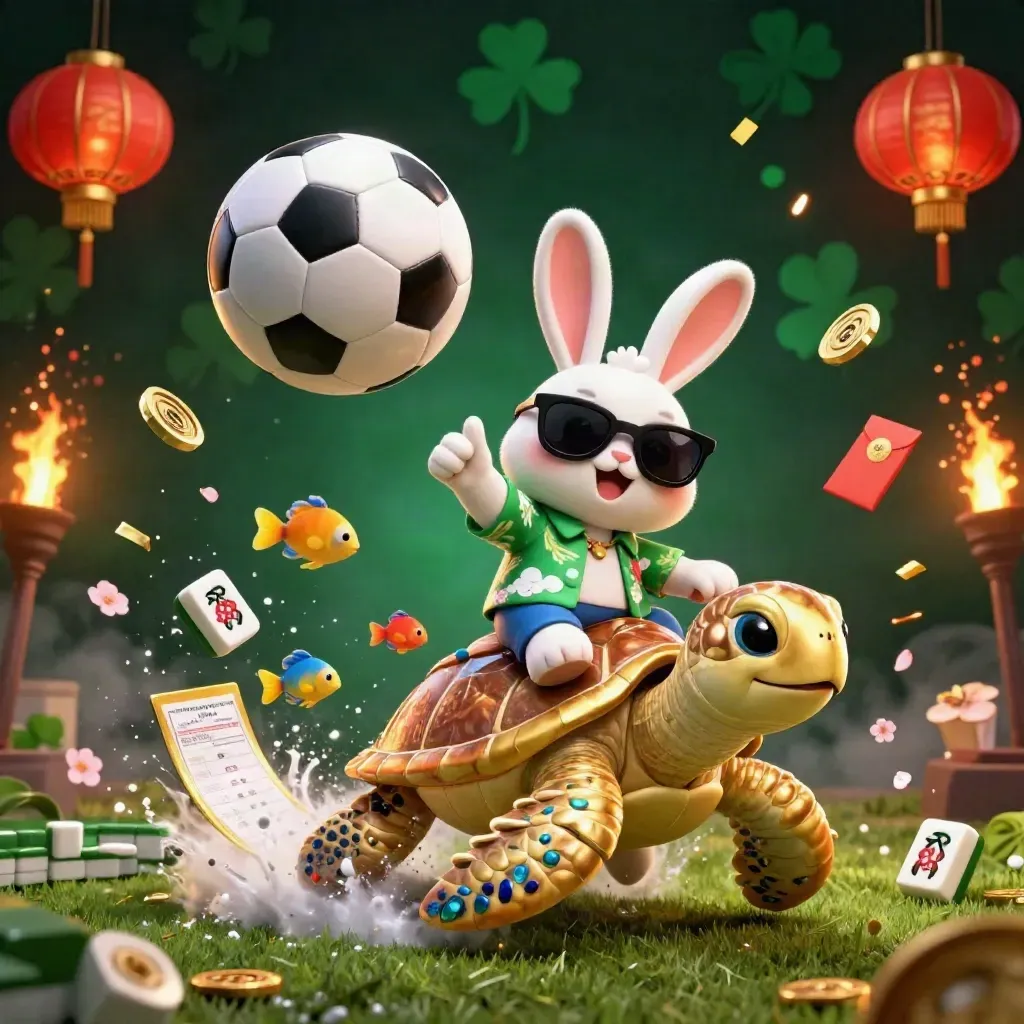 Lucky rabbit on a gold turtle amid sports gear, coins, lanterns, and fireworks in neon casino light.