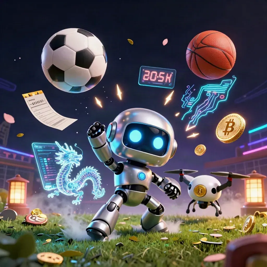 Neon robot mascot, dragon, and coin drone amid flying sports balls and casino sparks.