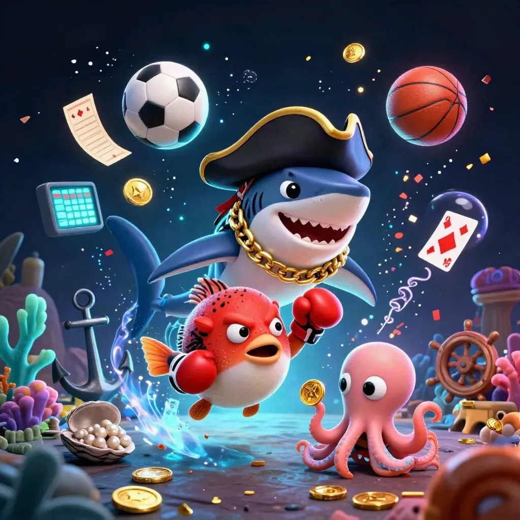 Cartoon pirate shark, pufferfish, and octopus in a treasure cove with coins and sports props