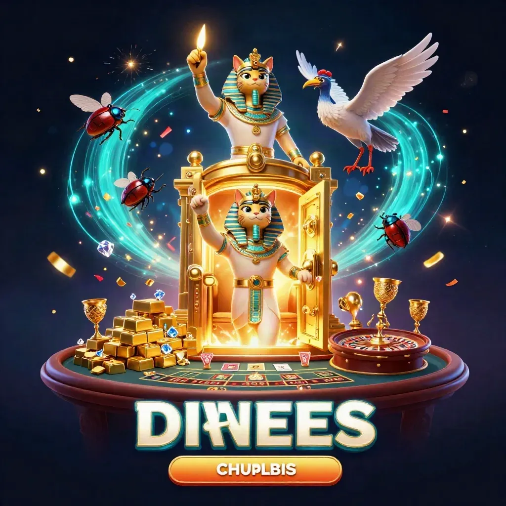 Pharaoh cat, ibis scribe, and gem scarabs amid vault gold, sparks, and casino symbols