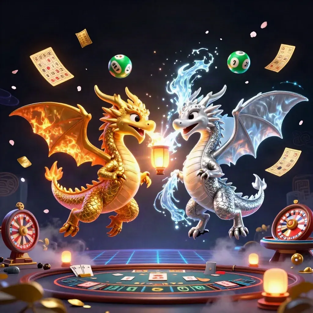 Twin gold and silver dragons spiral in fire and ice above casino treasures and neon glow.