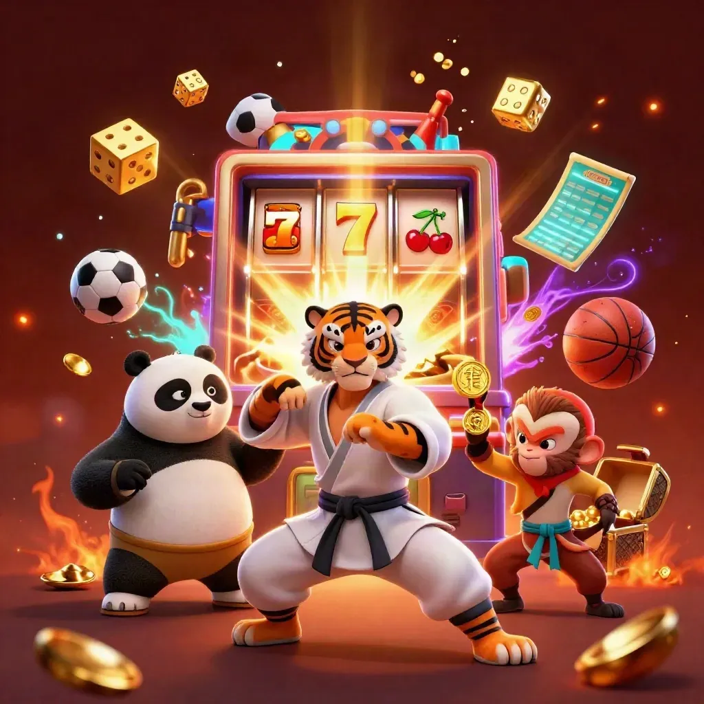Kung-fu tiger, panda, and monkey amid bursting slot machine, sports balls, and casino glow.
