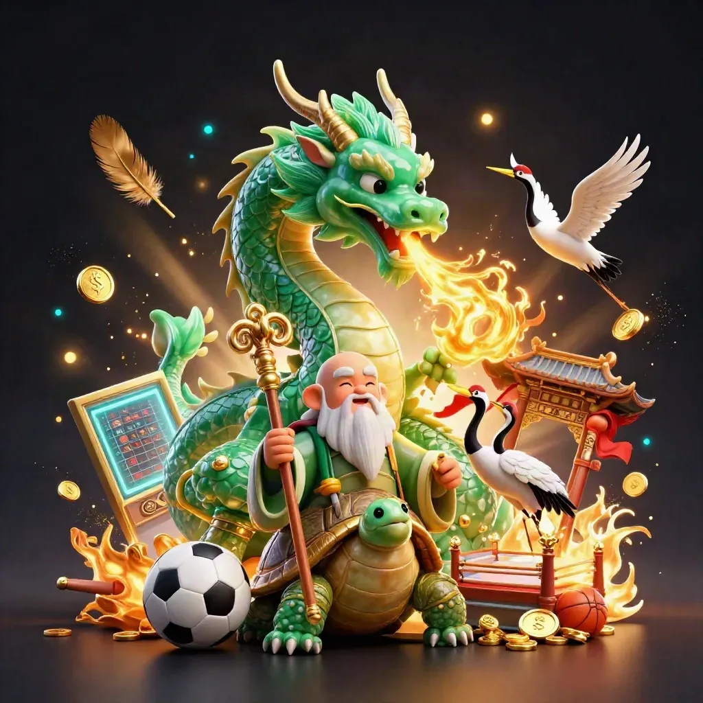 Emerald dragon, turtle sage and cranes amid casino sports props, gold fire and temple ruins.