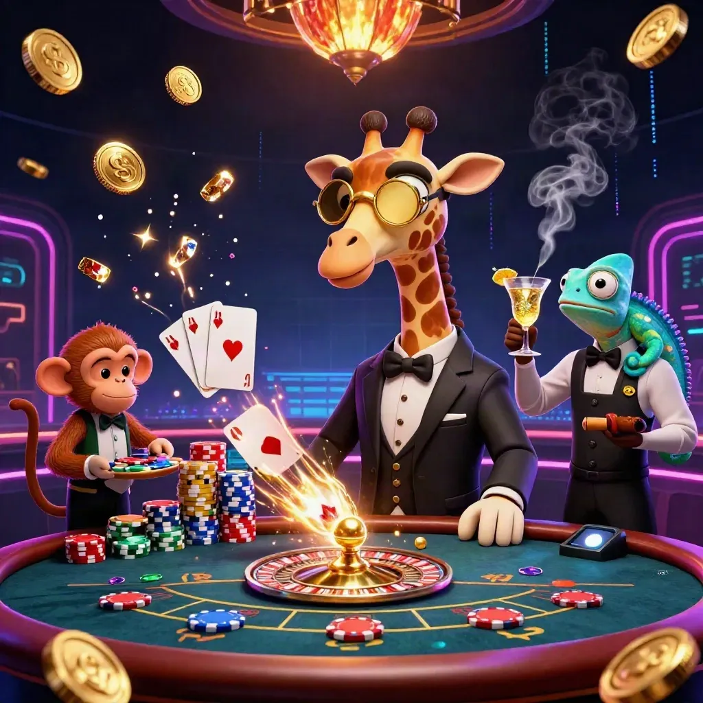 3D giraffe, monkey valet, and chameleon bartender amid a luxe casino table, coins, cards, and roulette wheel