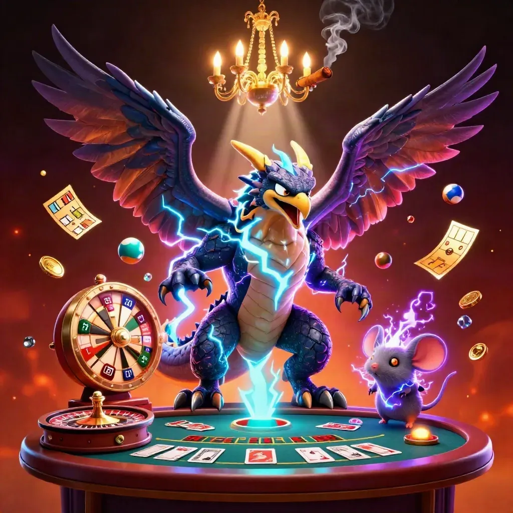 Thunder dragon, wind hawk and static mouse amid casino glamour and glowing game pieces.