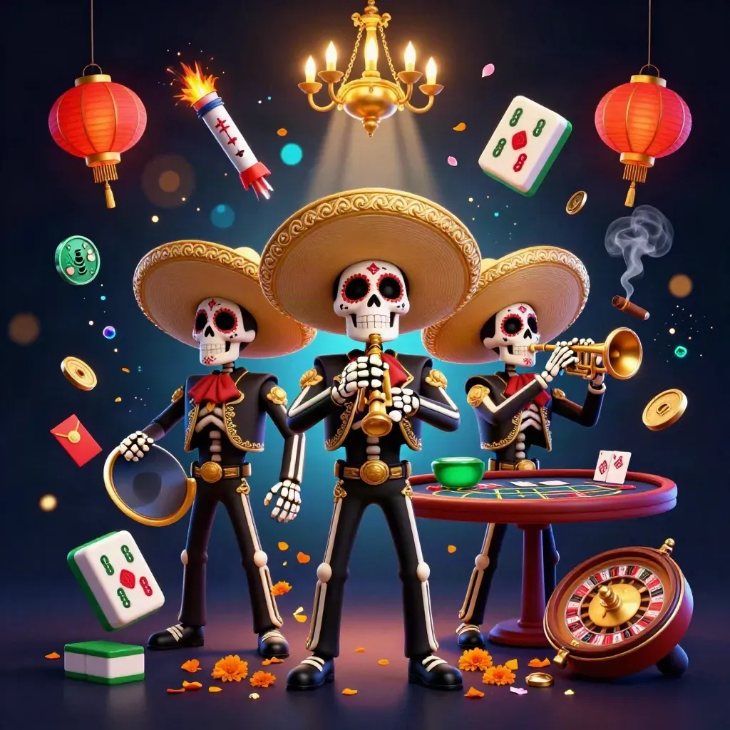 Skeleton mariachi trio in a neon casino scene with roulette, cards, lanterns, and gold glow.